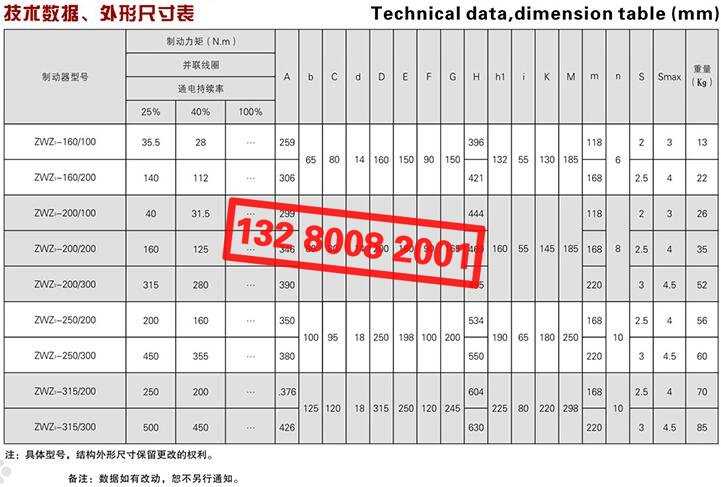 ZWZ3系列直流電磁鼓式制動器技術(shù)數(shù)據(jù)、外形尺寸表